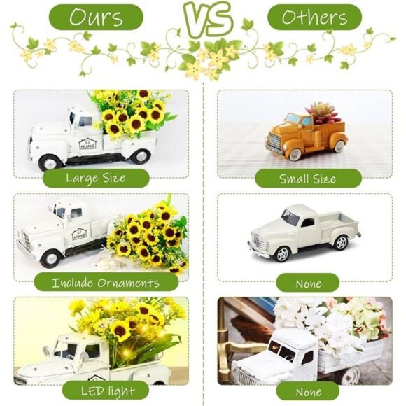 Vintage White TruckDecor with Sunflowers ArtificialFlowers Farmhouse Table Decor - Picture 5 of 7